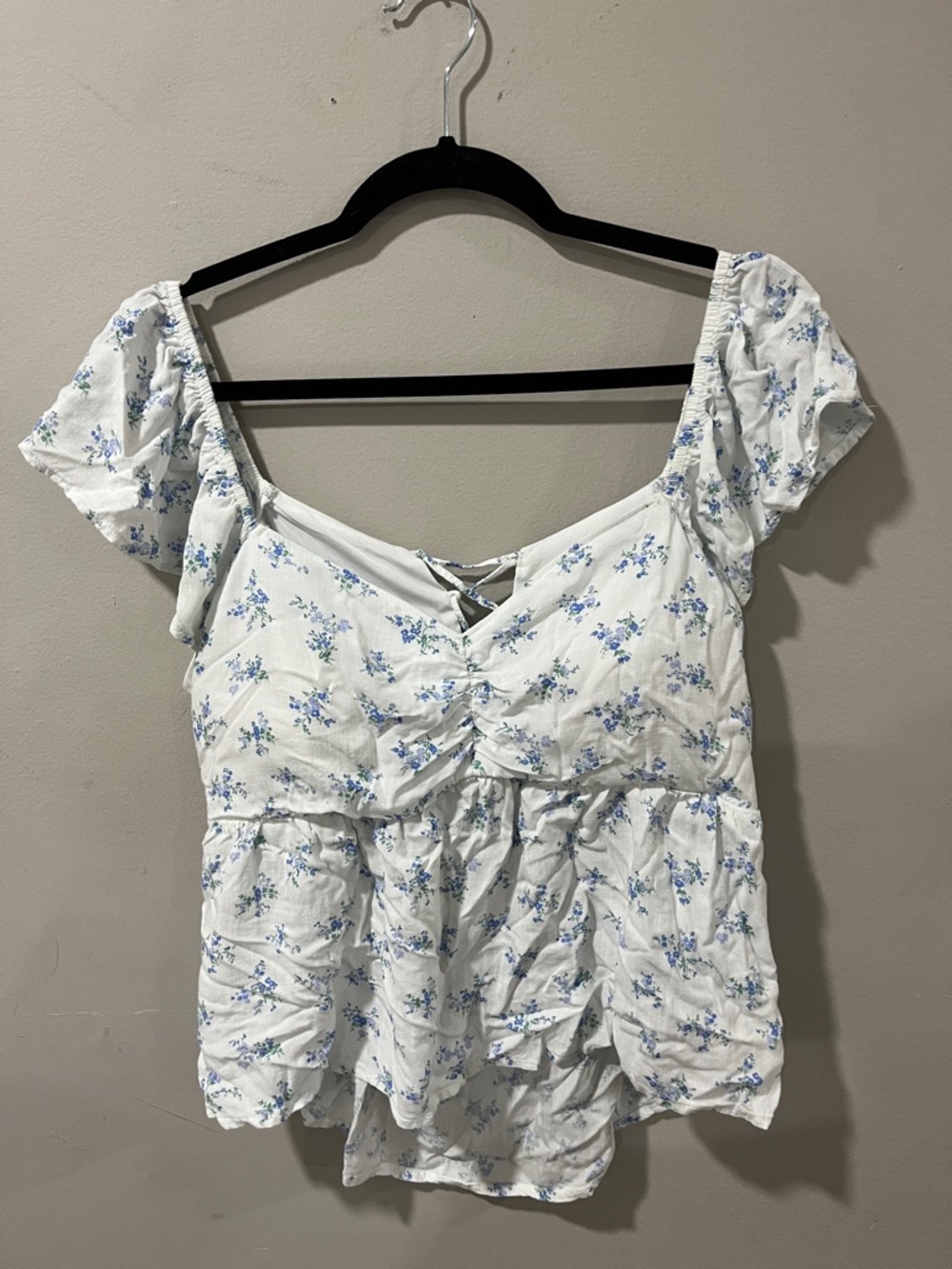Hollister White Peplum Blouse with Light Blue Floral Print